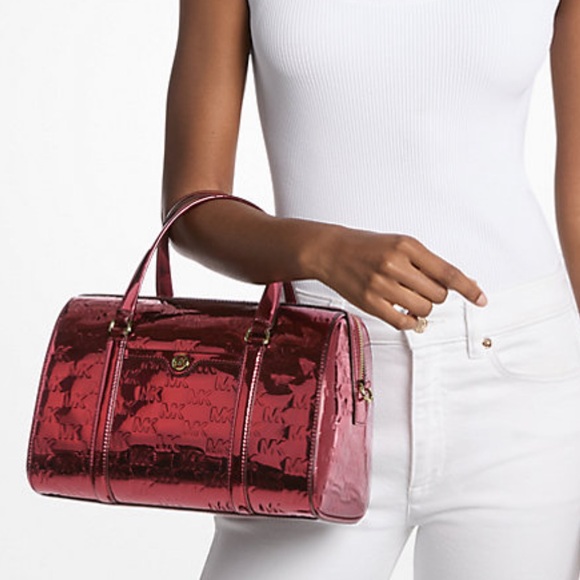 MICHAEL KORS Jet Set Medium Metallic Logo Debossed Satchel
Cherry 
NWT - Picture 5 of 16